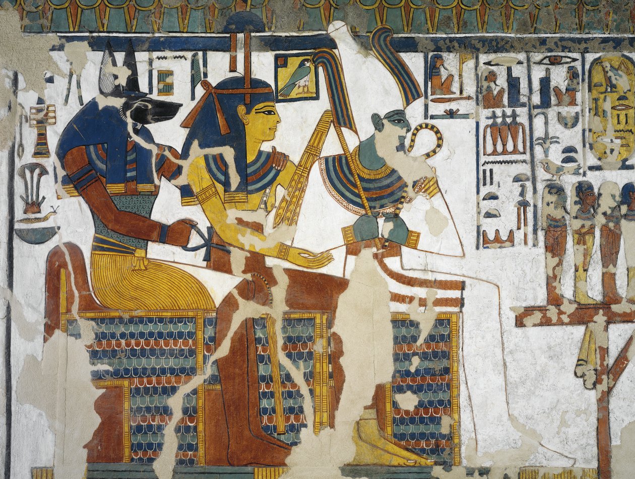 Ägypten, Theben, Luxor, Tal der Königinnen, Grab von Nefertari, Wandmalerei von Anubis, Isis und Osiris in der Grabkammer aus der 19. Dynastie von Egyptian 19th Dynasty