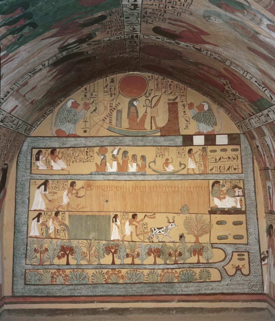 Ernteszene an der Ostwand, aus dem Grab von Sennedjem, Das Arbeiterdorf, Neues Reich (Wandmalerei) von Egyptian 19th Dynasty