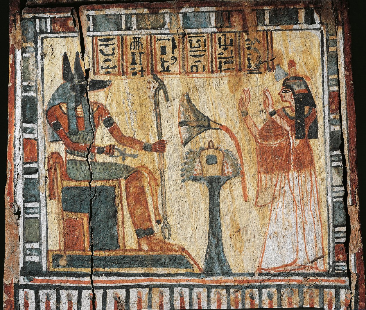 Bemalte Holzkiste mit Darstellung des Verstorbenen und des Gottes Anubis, für Shabtis von Tamutnofret von Egyptian 19th Dynasty