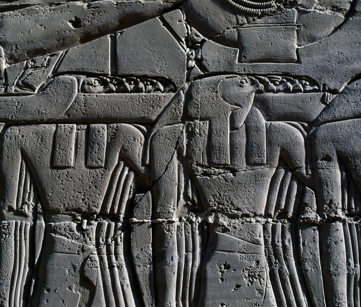 Priester mit Falkenmaske, Detail aus einer Szene, die Ramses II. vor dem heiligen Boot darstellt, Relief, Innenwände der Großen Säulenhalle, Karnak-Tempelkomplex (Unesco-Welterbeliste) von Egyptian 19th Dynasty