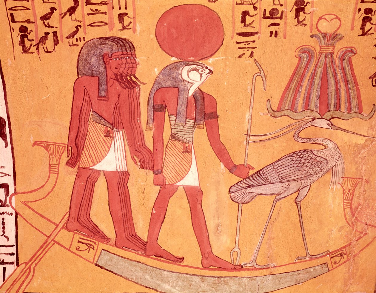 Sonnenbarke mit Re-Horakhty, dem Benu-Vogel und vier anderen Gottheiten, aus dem Grab von Sennedjem, Das Arbeiterdorf, Neues Reich von Egyptian 19th Dynasty