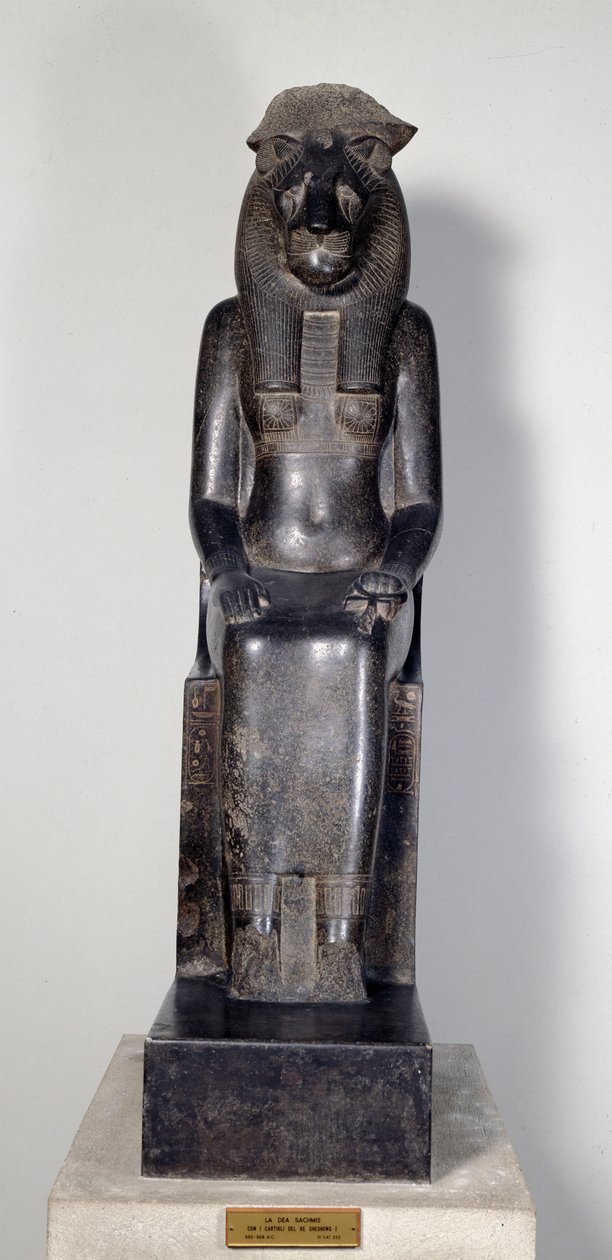 Ägyptische Antiquität: die Löwengöttin Sekhmet mit der Kartusche von König Sheshonq I. Statue aus schwarzem Granit. 950-929 v. Chr. Turin, Ägyptisches Museum von Egyptian 22nd Dynasty
