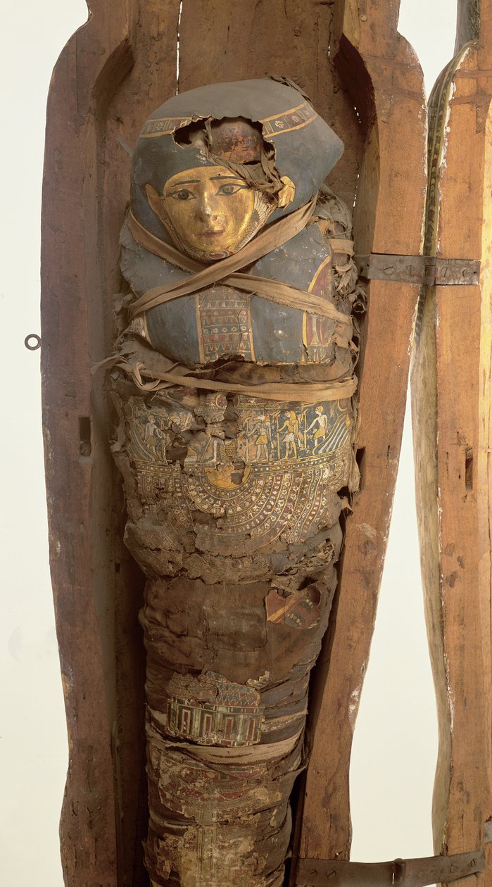 Sarkophag und mumifizierter Körper von Psametik I (664-610 v. Chr.) Spätzeit von Egyptian 26th Dynasty