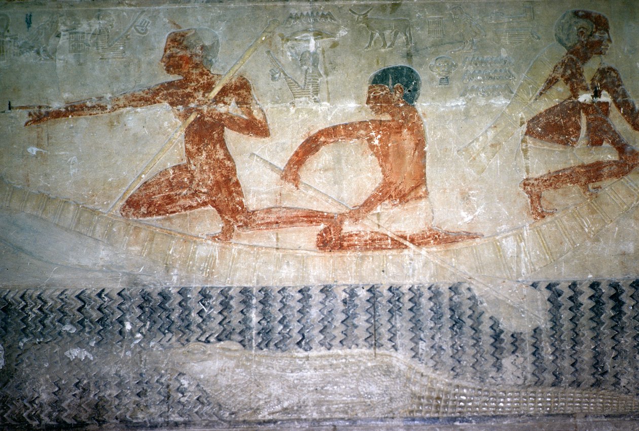 Fischer und ein Krokodil von der Nordwand der Mastaba-Kapelle von Ti, Altes Reich von Egyptian 5th Dynasty