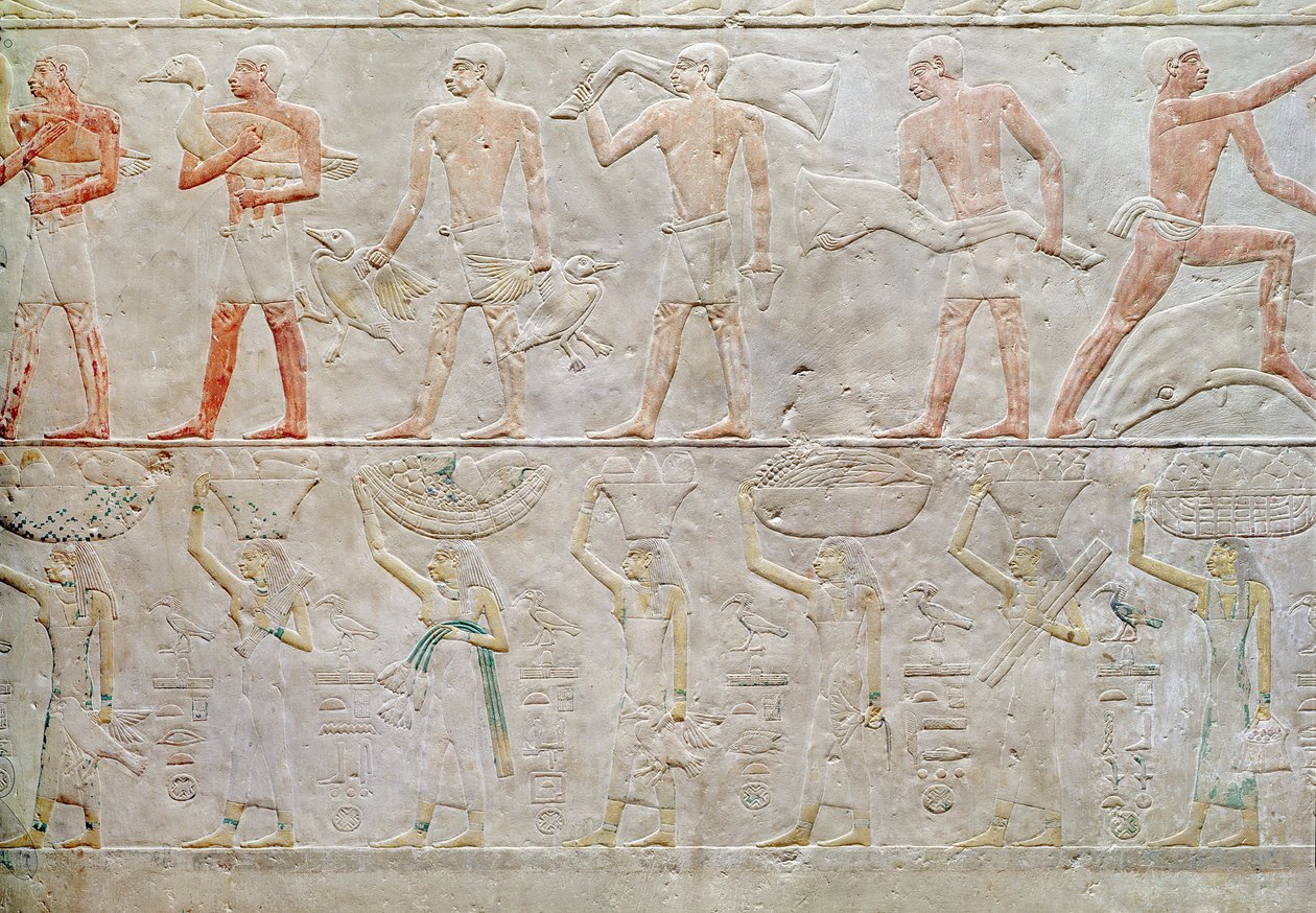Relief, das Menschen zeigt, die Essensopfer tragen, aus der Mastaba von Akhethotep, Altes Reich von Egyptian 5th Dynasty