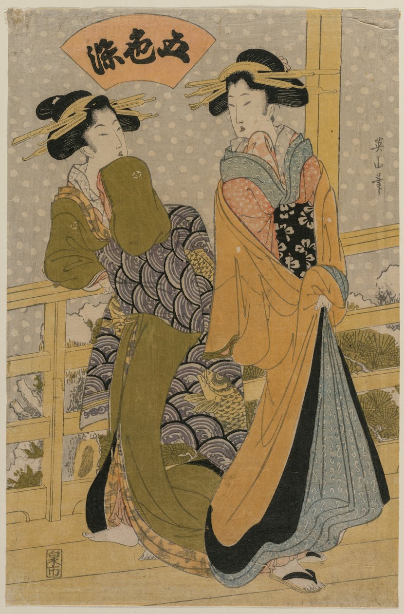 Zwei Kurtisanen auf einem Balkon aus der Serie Fünf Farben der Tinte, ca. frühe 1810er Jahre von Kikugawa Eizan