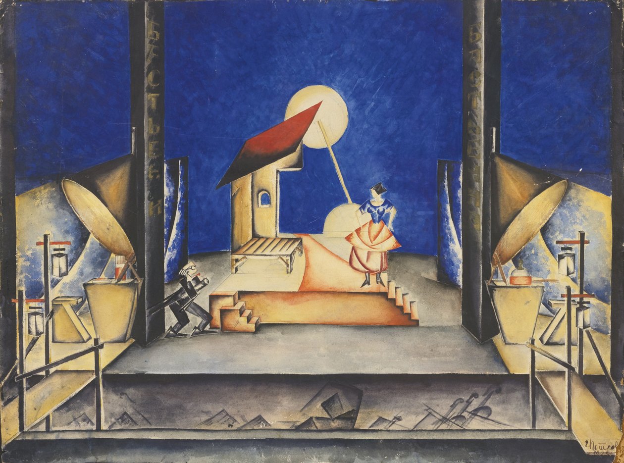 Bühnenbild für die Oper Bastien und Bastienne von W. A. Mozart, 1925 von Ekaterina Petrova Troitskaya