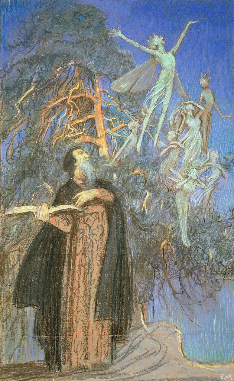 Prospero und Ariel, eine Studie für ein verlorenes Bild, in Auftrag gegeben für Broadcasting House, London, ca. 1931 von Eleanor Fortescue Brickdale
