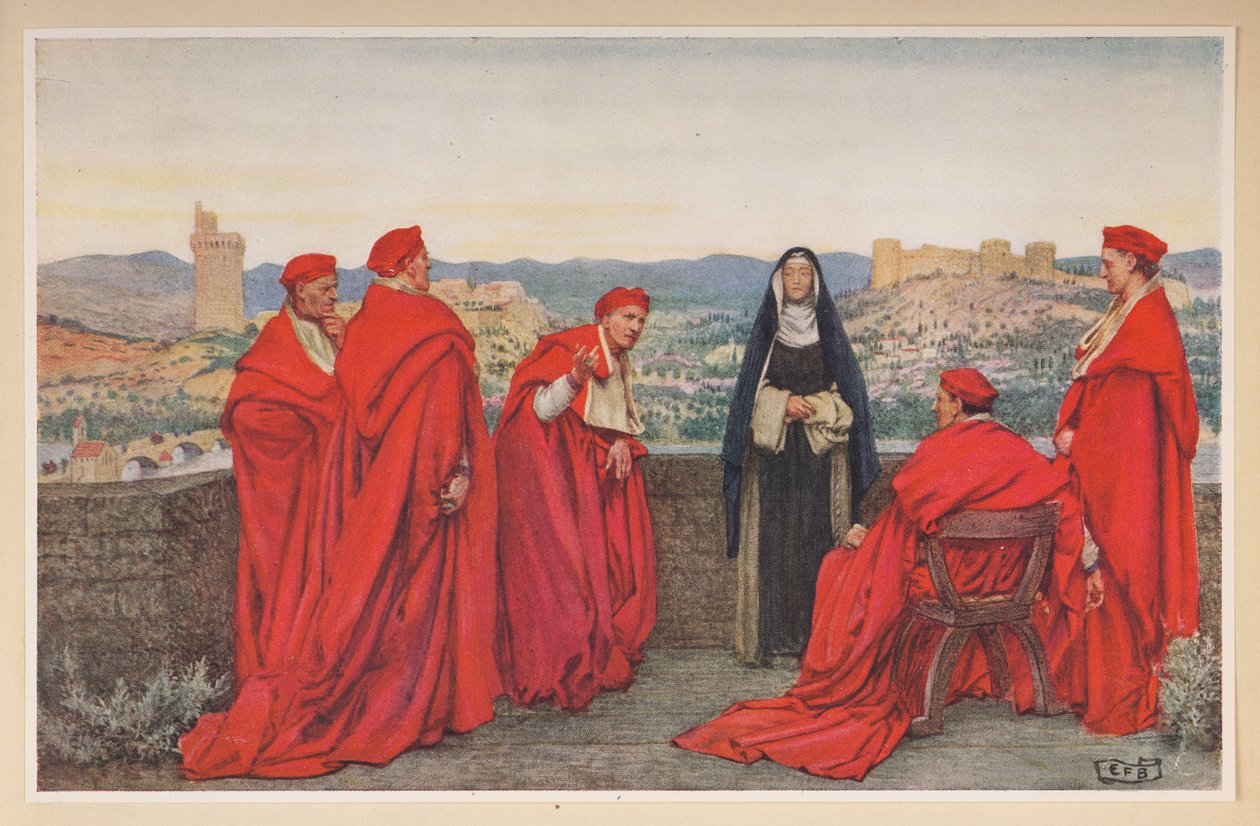 St. Katharina von Siena verhandelt mit Papst Gregor XI. im Namen der Florentiner. von Eleanor Fortescue Brickdale