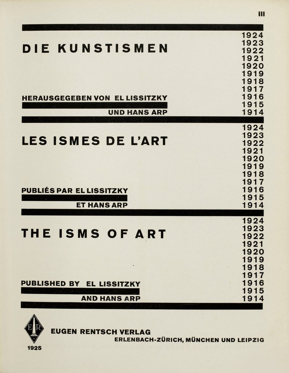 Titelseite: Die Kunstismen. Die Ismen der Kunst von El Lissitzky und Hans Arp, 1925 von Eliezer Markowich Lissitzky