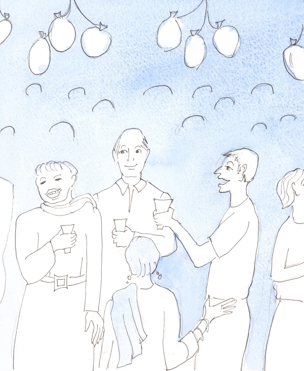 Christus schaut mit Freude zu, wenn wir das Leben oder gute Nachrichten feiern, indem wir Essen und Trinken mit Freunden teilen, auf einer Party, in echter gegenseitiger Freude, mit dem Wunsch, Freude zu schenken und müde Herzen zu trösten von Elizabeth Wang