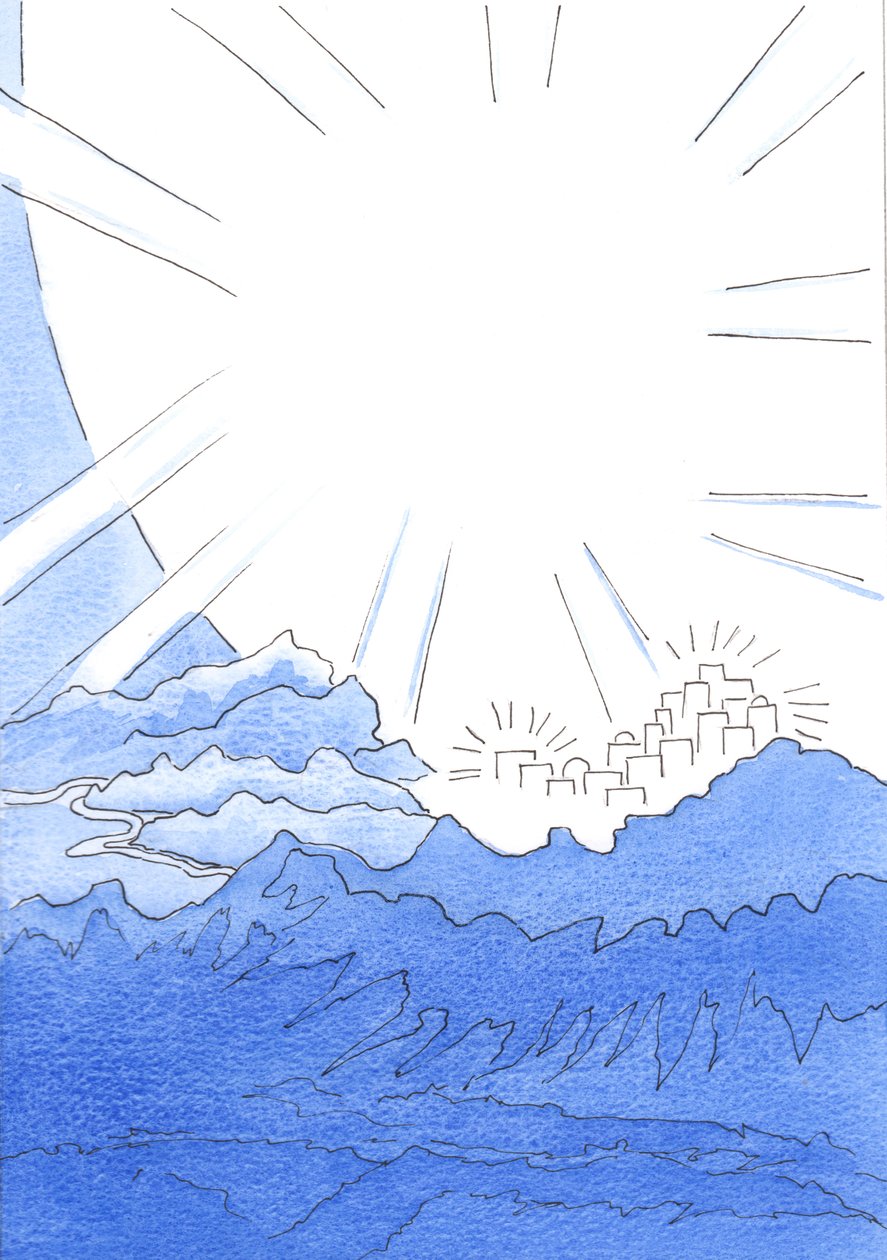 Auf Erden in glücklicher Vereinigung mit Gott zu leben, ist wie am Rande der Himmlischen Stadt zu leben, auf dem Berggipfel, weit über dem dunklen Pfad unten, 2002 von Elizabeth Wang