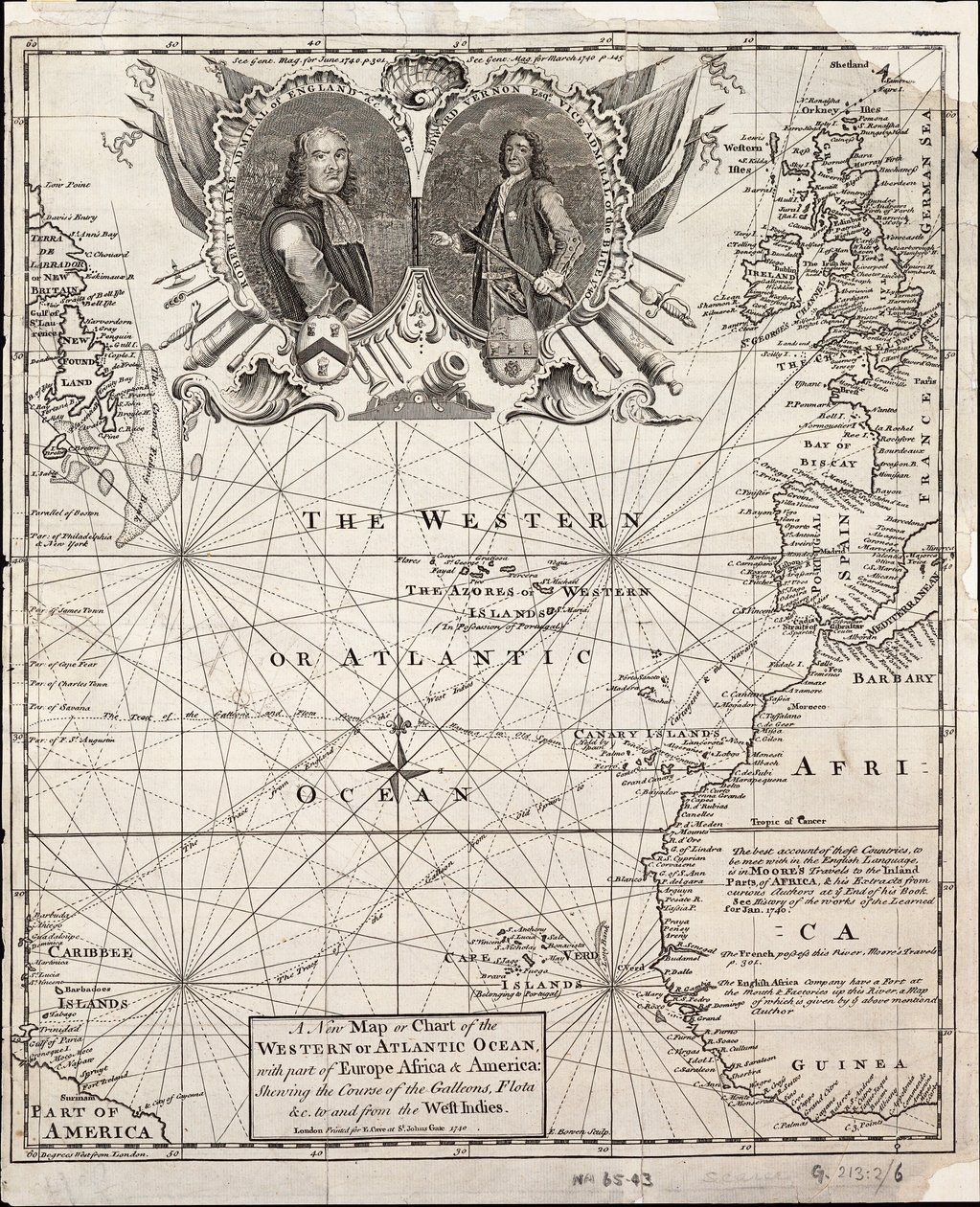 Eine neue Karte oder ein Diagramm des westlichen oder Atlantischen Ozeans mit Teilen von Europa, Afrika und Amerika: zeigt den Kurs der Galeonen zu und von den Westindischen Inseln von Emanuel Bowen