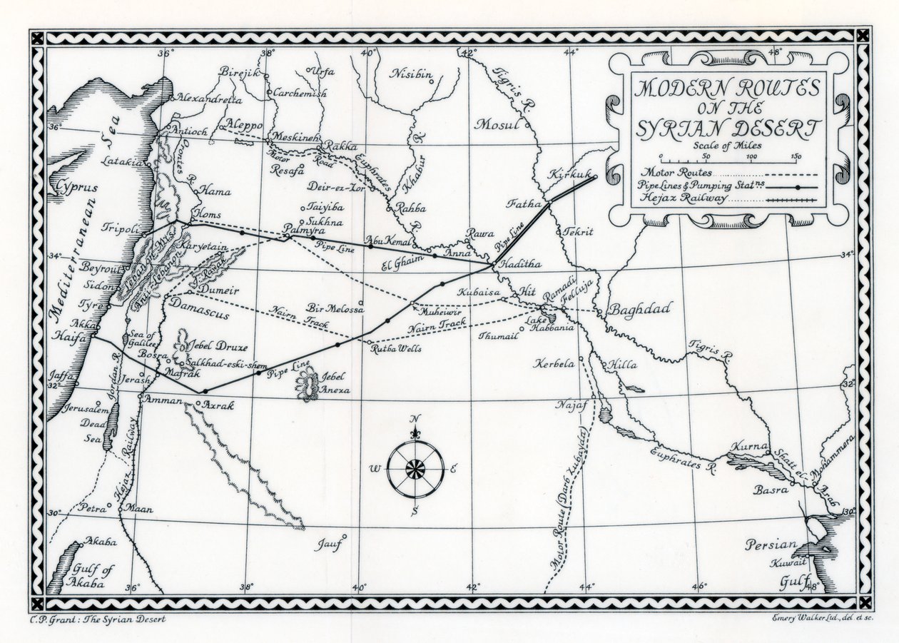 Eisenbahn- und Autostrecken sowie Pipelines, Syrische Wüste, 1937 von Emery Walker