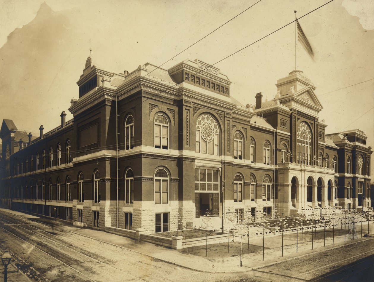 Ausstellung und Musikhalle, Außenansicht. Olive Street zwischen der Dreizehnten und Vierzehnten Straße, St. Louis von Emil Boehl