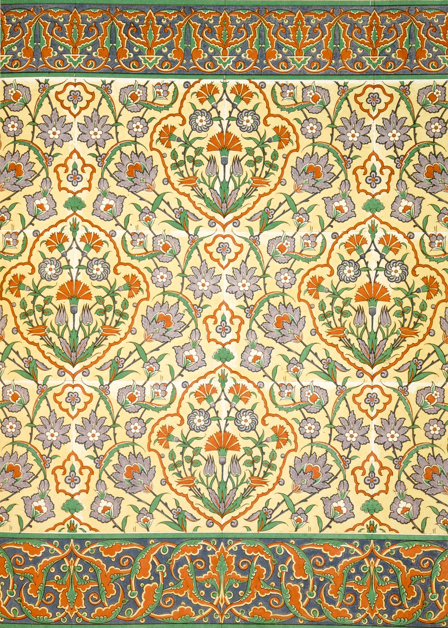 Faience-Wandbild mit Rand, der stark stilisierte, sich wiederholende Muster mit Pflanzenformen verwendet, aus einem Kiosk, 19. Jahrhundert von Emile Prisse d