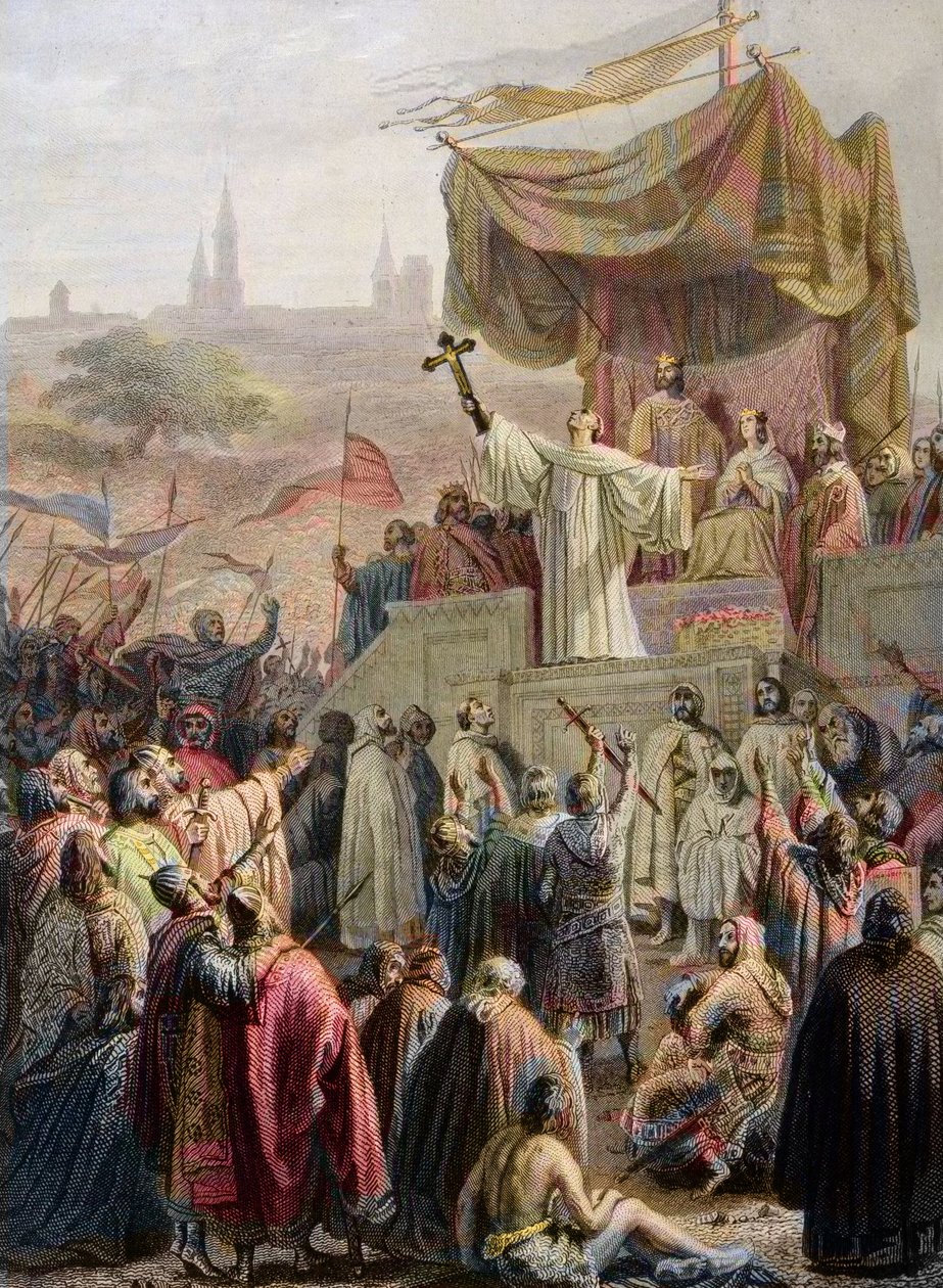 St. Bernhard von Clairvaux predigt den Zweiten Kreuzzug in Vézelay, 31. März 1146 - Gravur nach Emile Signol - Saint-Bernard de Clairvaux predigt den Zweiten Kreuzzug in Anwesenheit von König Ludwig VII. und Königin Alienor von Emile (after) Signol