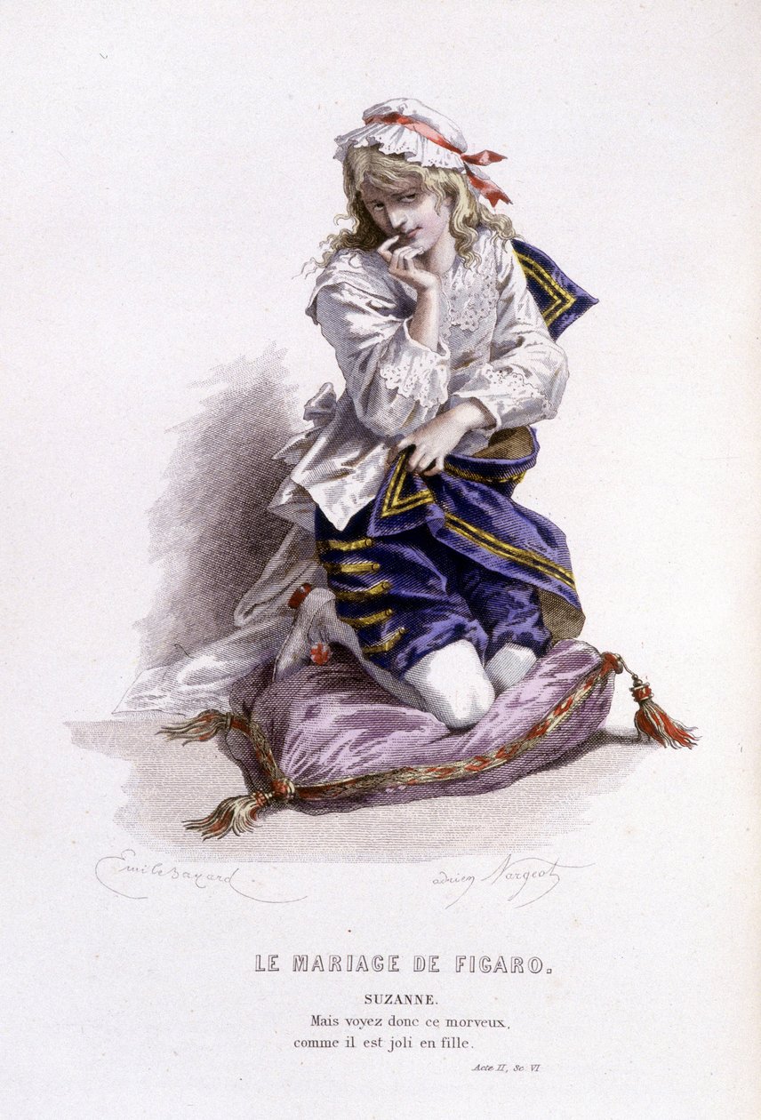 Gesamtwerk von Beaumarchais (1732-1799) von Edouard Fournier. Zeichnung von Emile Bayard. Ed. Laplace, Sanchez et Cie, Paris 1876. Dies ist Suzanne in „Die Hochzeit des Figaro“ von Emile Antoine Bayard
