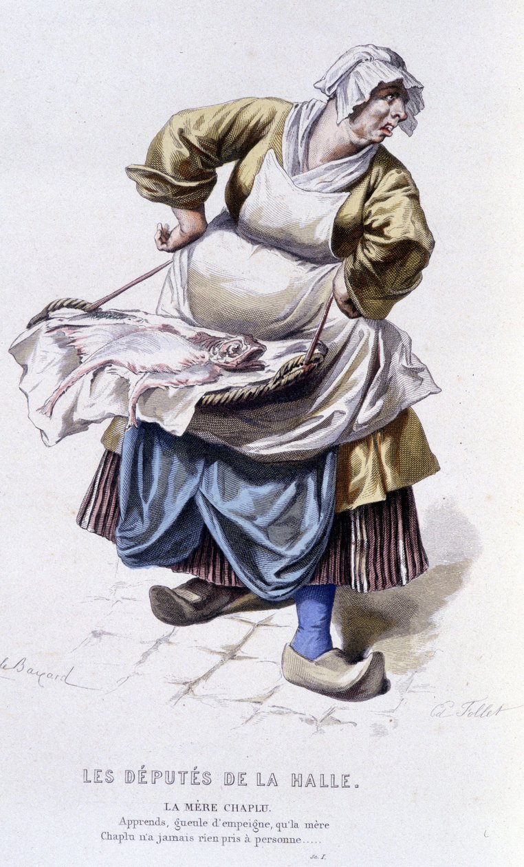 Gesamtwerk von Beaumarchais (1732-1799) von Edouard Fournier. Zeichnung von Emile Bayard. Ed. Laplace, Sanchez et Cie, Paris 1876. Dies ist Mutter Chaplu in „Die Abgeordneten der Halle“ von Emile Antoine Bayard
