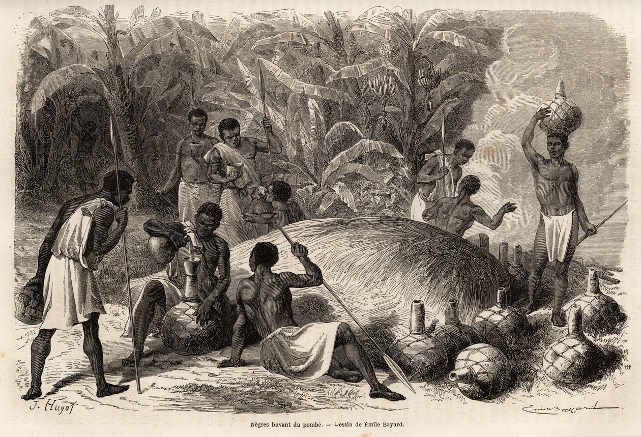 Verkostung des Pombe (alkoholisches Getränk durch Fermentation), in Karague (westlich des Viktoriasees, im heutigen Simbabwe), Zeichnung von Emile Bayard (1837-1891), zur Illustration von Captain Spekes Entdeckungsreise in Afrika von 1860 bis 1863. Gravur  von Emile Antoine Bayard