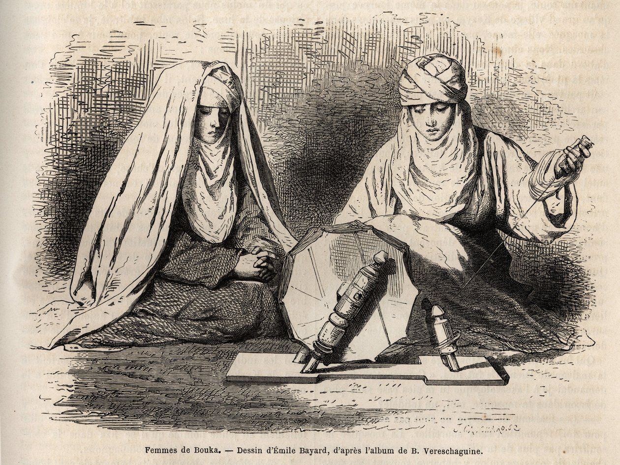 Frauen von Buchara (Usbekistan), bei der Arbeit am Spinnrad, Gravur nach einer Zeichnung von Emile Bayard, Illustration der Reise von Basile Vereschaguine nach Zentralasien 1867-1868, veröffentlicht in „Le tour du monde“ 1873, herausgegeben von Edouard Cha von Emile Antoine Bayard