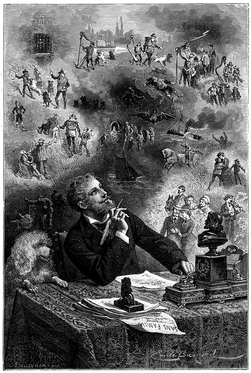 Frontispiz von Emile Bayard für die Hetzel-Ausgabe 1880 von Hector Malots Roman „Sans Famille“: Der Schriftsteller an seinem Arbeitstisch stellt sich seine Figuren und die Handlung seines Buches vor - Remi und die Mitglieder der Truppe von Monsieur Vitalis von Emile Antoine Bayard