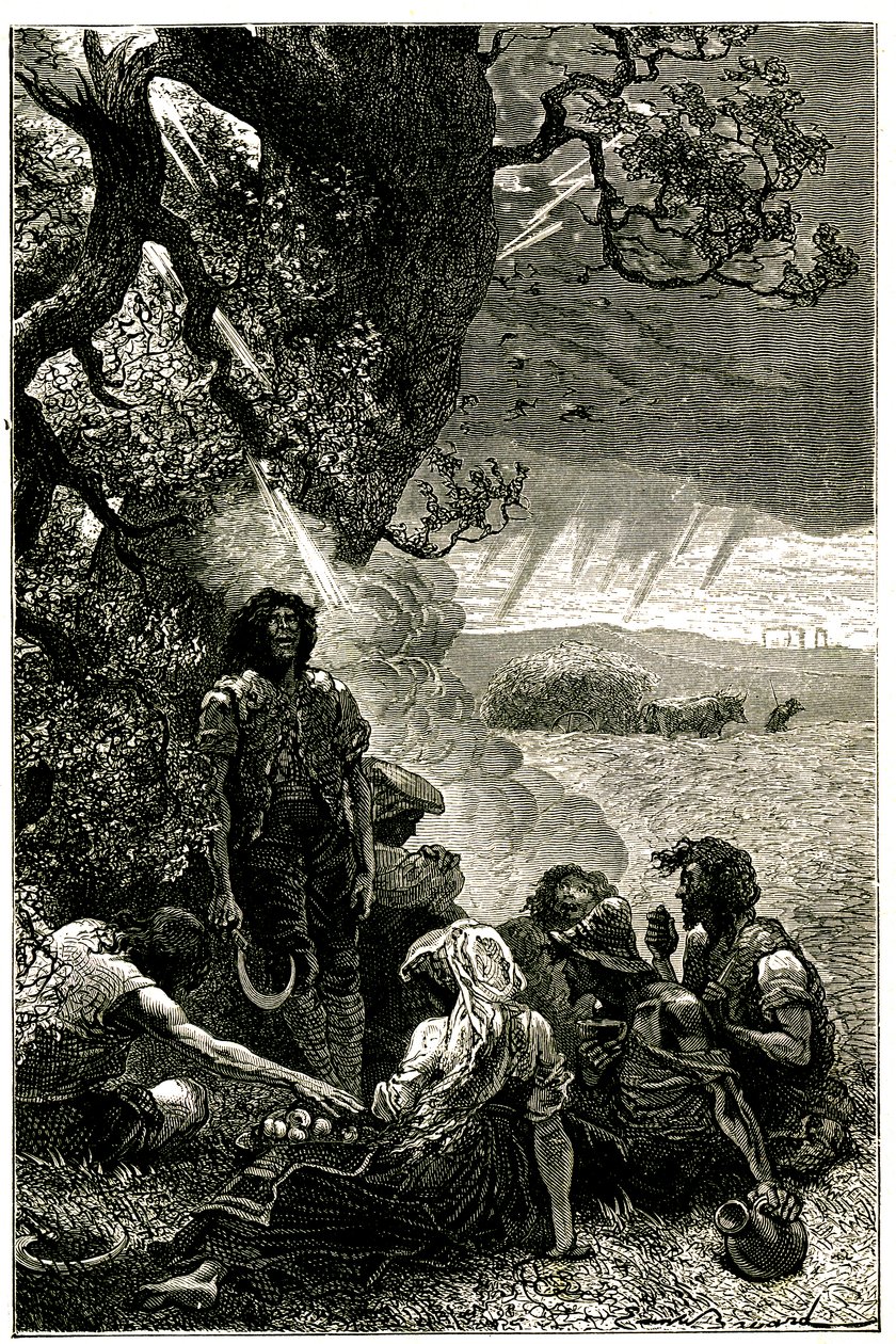 Gruppe von Erntearbeitern, die während eines Sturms von einem Blitz getroffen wurden, während sie unter einem Baum Schutz suchten von Emile Antoine Bayard