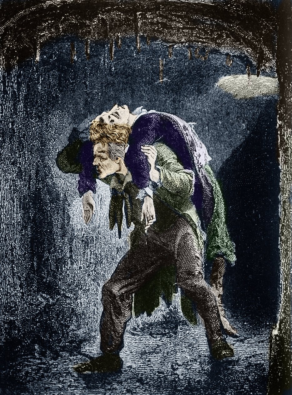 Jean Valjean, Marius verwundet auf seinem Rücken, flieht im Wasser von Paris. Illustration des Romans „Les Miserables“ von Victor Hugo (1802-1885). Illustration von Emile Bayard - (Jean Valjean bringt Marius auf seinem Rücken durch die Abwasserkanäle von P von Emile Antoine Bayard