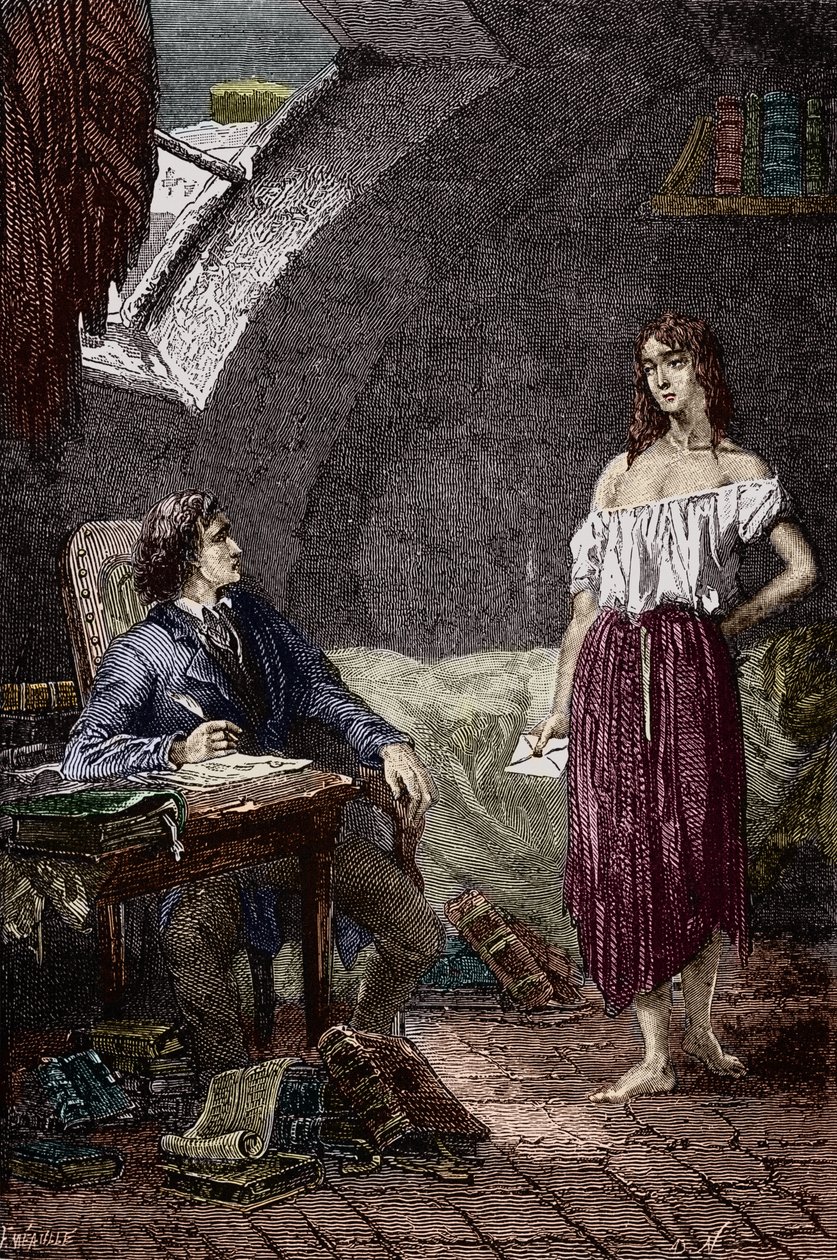 Marius und Eponine, ältere Tochter der Thenardiers und verliebt in Marius. Illustration des Romans „Les Miserables“ von Victor Hugo (1802-1885). Illustration von Emile Bayard. Gravur. Private Sammlung von Emile Antoine Bayard