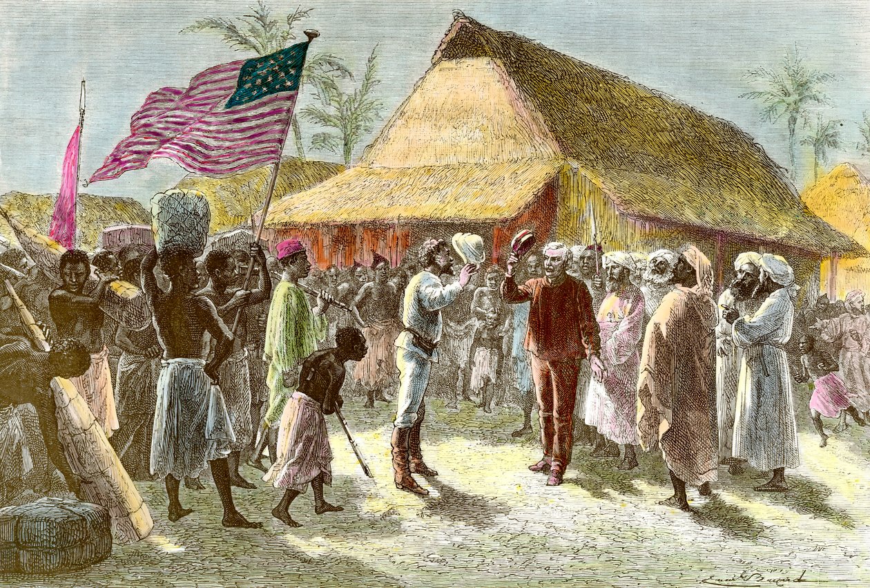 Treffen in Ujiji am Ufer des Tanganjikasees zwischen Henry Morton, einem Entdecker und Journalisten aus Wales (1841-1904) und David Livingstone, einem schottischen Missionar und Entdecker des afrikanischen Kontinents (1813-1873), am 10. November von Emile Antoine Bayard