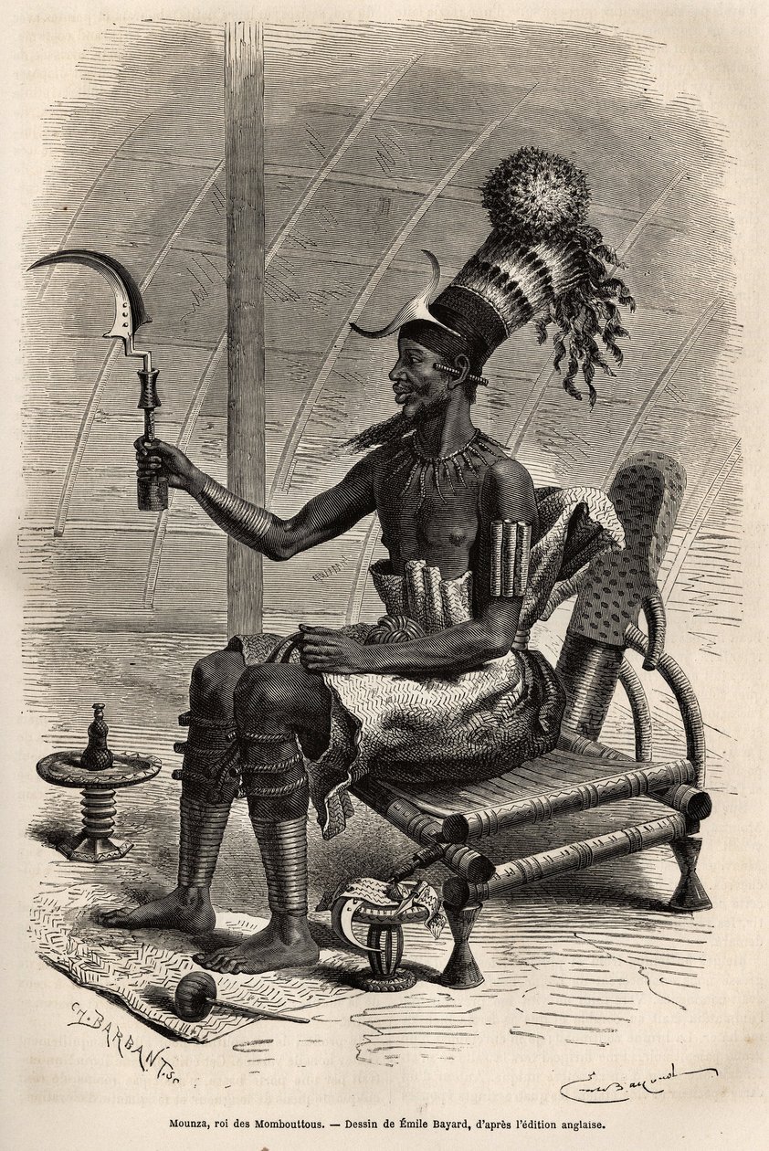 Mounza, König der Mombuttous (Stamm des Sudan), Kopfschmuck aus einem Dutt, bedeckt mit einer zylindrischen Kappe, verziert mit Papageienfedern, einer halbmondförmigen Kupferplatte an der Stirn, um den Hals ein Kragen aus Kupferlatten und an seinen Armen u von Emile Antoine Bayard