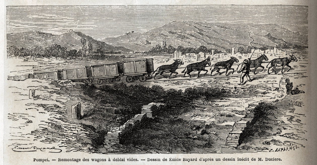 Wiederaufbau leerer Wagen während der Ausgrabungen von 1864 in Pompeji, Zeichnung von Emile Bayard (1837-1891), zur Illustration des Textes von Marc Monnier (1829-1885) „Pompeji und die Pompejaner“. Gravur in „Le Tour du Monde“, herausgegeben von Edouard C von Emile Antoine Bayard