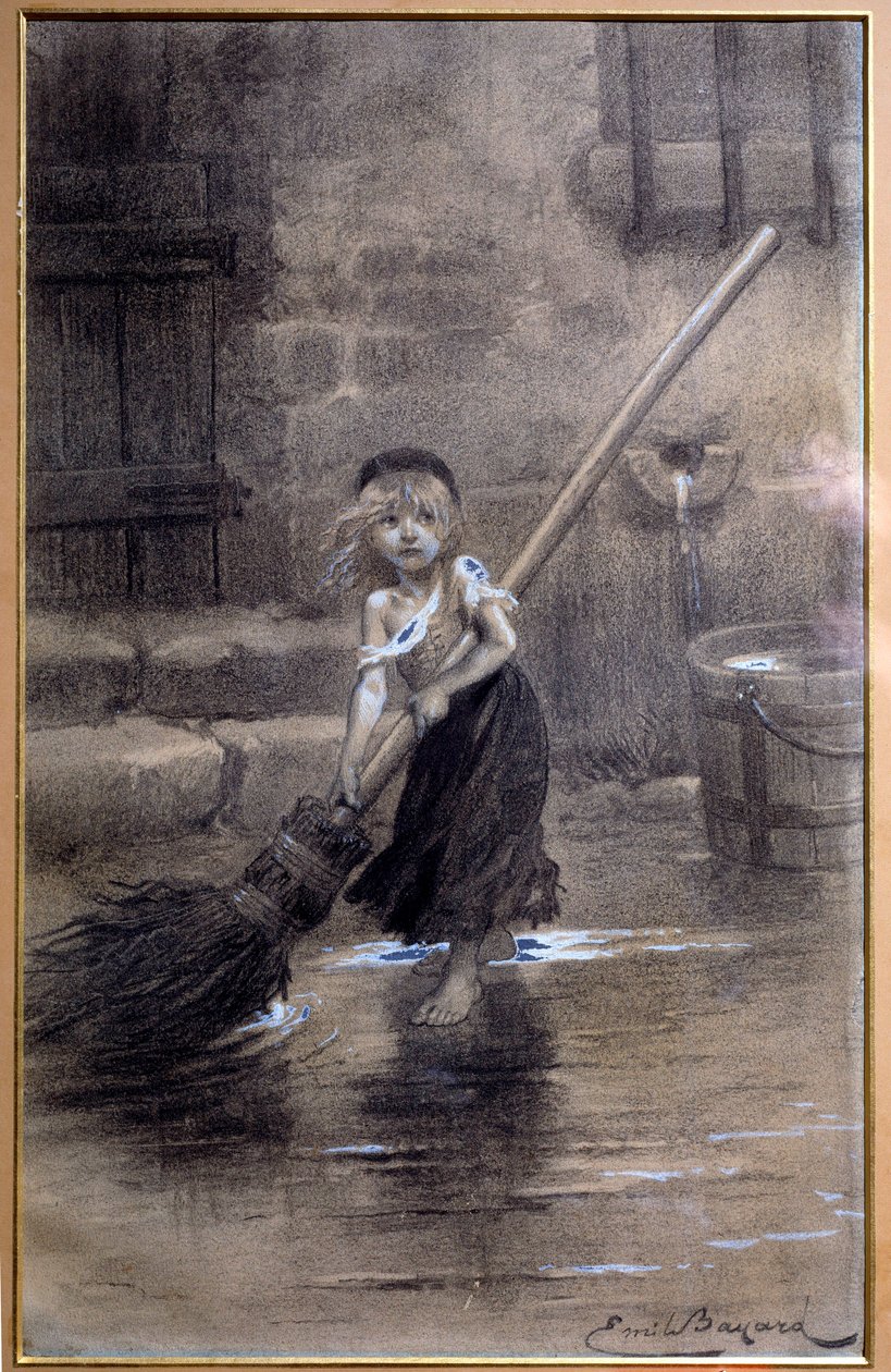 Darstellung von Cosette, barfuß fegend. Illustration für „Die Elenden“ von Victor Hugo (1802-1885) von Emile Bayard (1837-1891), 19. Jahrhundert. Paris, Maison Victor Hugo von Emile Antoine Bayard