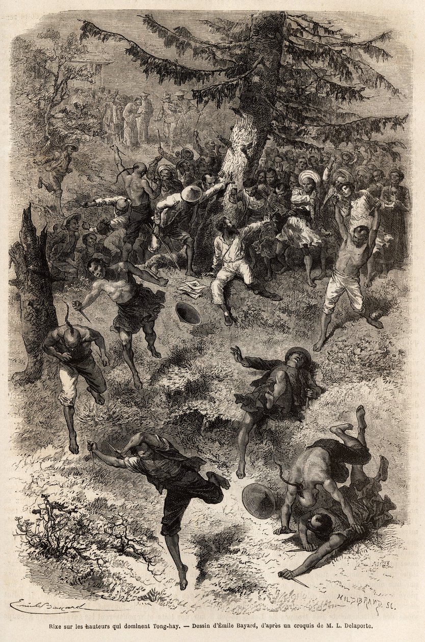 Rixe auf den Höhen, die Tong-hay (oder Tong hay) dominieren, eines der Mitglieder der Expedition, das auf den Höhen der Stadt zeichnete, wird von einer neugierigen Menge verfolgt, die einen allgemeinen Kampf erklärt, jeder will so nah wie möglich sehen von Emile Antoine Bayard