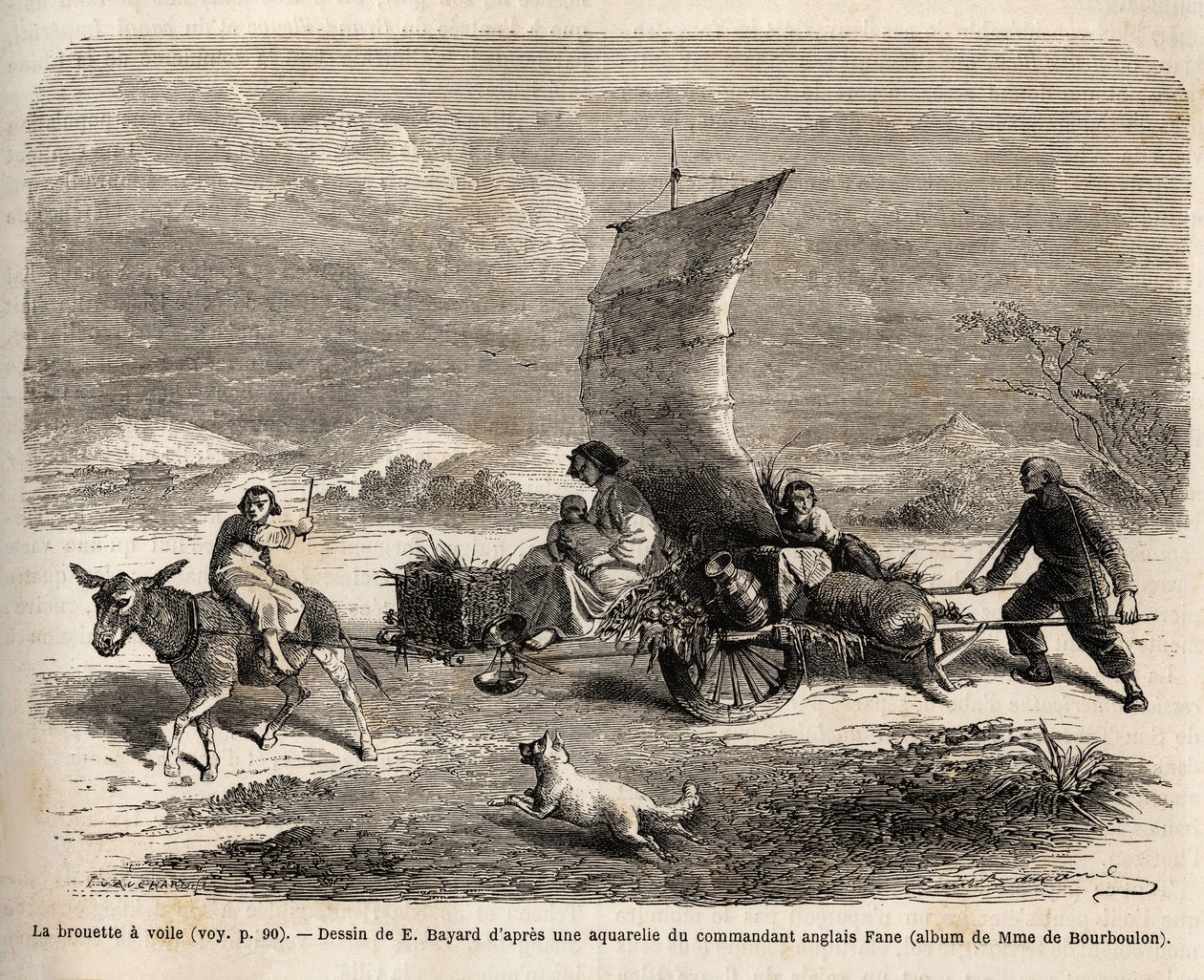Das Segelschubkarren, Fortbewegungssystem in Nordchina, Zeichnung von E. Bayard, Illustration der Reise von Shanghai nach Moskau von Emile Antoine Bayard
