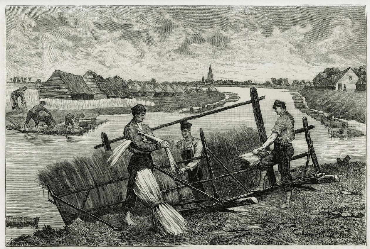 Der Rost des Flachses (Mazeration zur Erleichterung der Trennung der Rinde vom Stängel) in der Lys (Fluss im Norden Frankreichs und Belgiens). Gravur von Emile Claus, zur Illustration der Geschichte „La Belgique“, von Camille Lemonnier (1844-1913), Schrift von Emile Claus