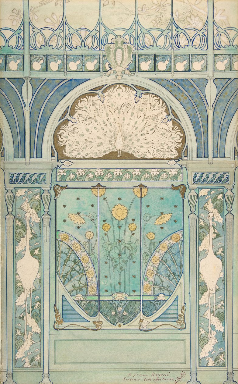 Entwurf für eine Wanddekoration mit Pfau, Kranichen und Sonnenblumen für das Restaurant..., 1896-98 von Emile Hurtré