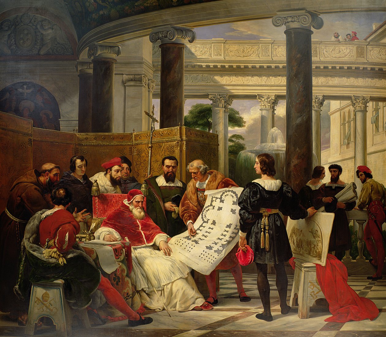 Papst Julius II. befiehlt Bramante, Michelangelo und Raphael den Bau des Vatikans und St. Peter, 1827 von Emile Jean Horace Vernet