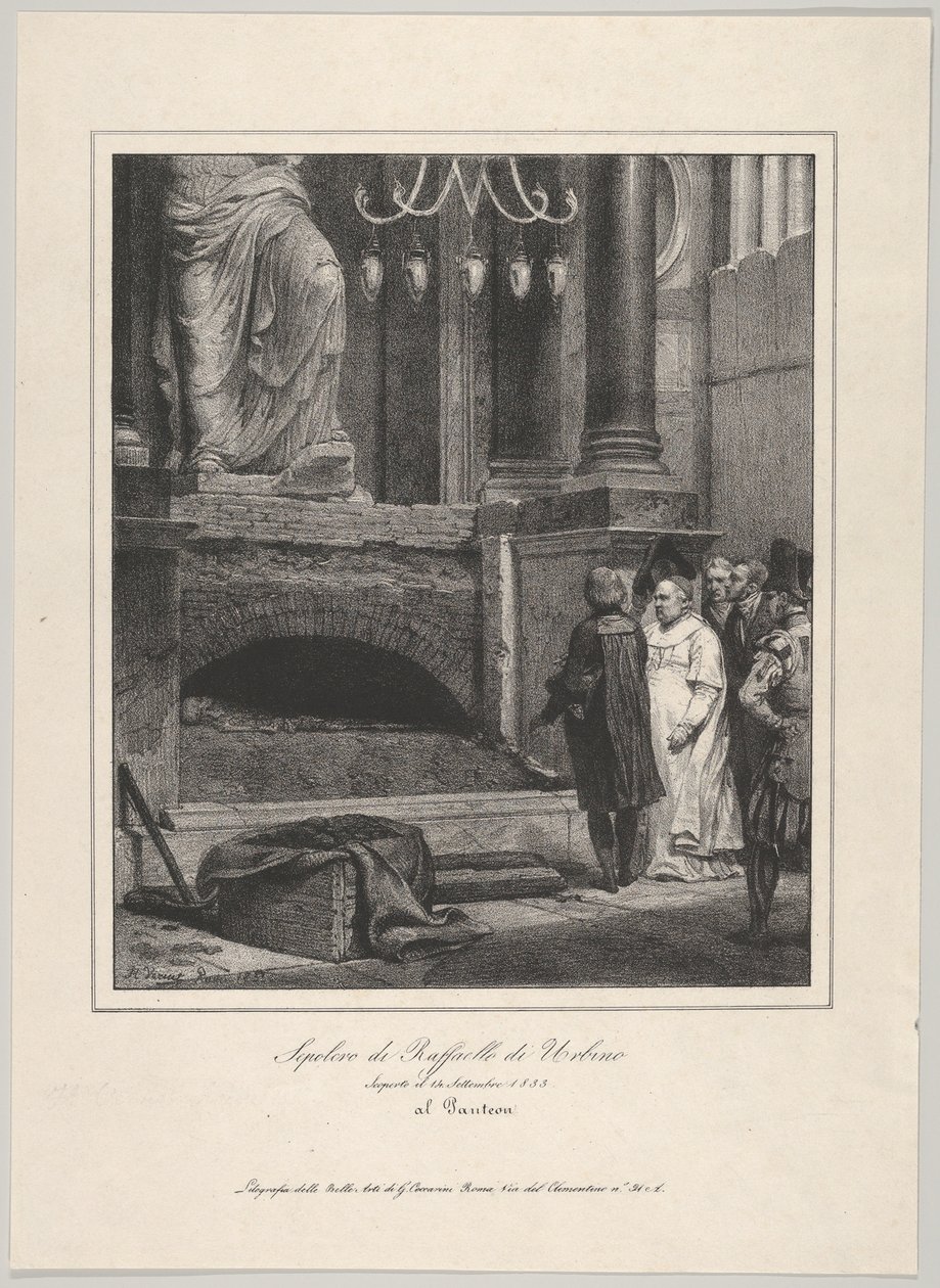 Das Grab von Raffael, geöffnet am 14. September 1833, Pantheon, Rom, 1833 von Emile Jean Horace Vernet