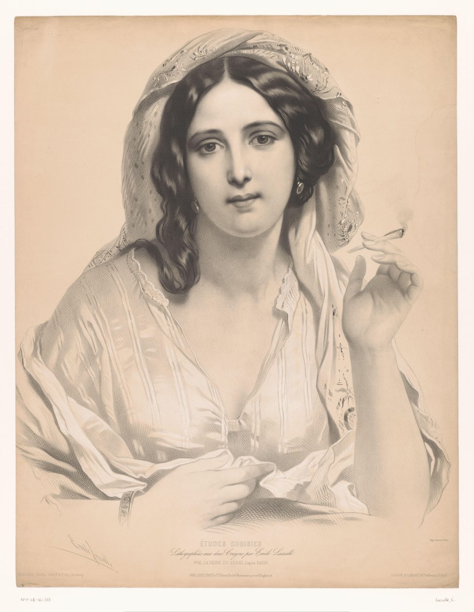Verschleierte junge Frau mit einer Zigarette in der Hand von Emile Lassalle