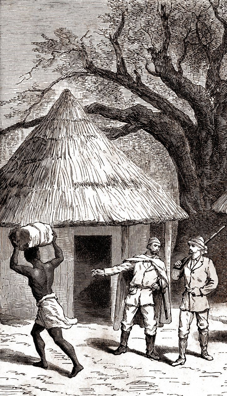 Entdecker und Träger vor einer afrikanischen Hütte, 1887 von Emile Mas