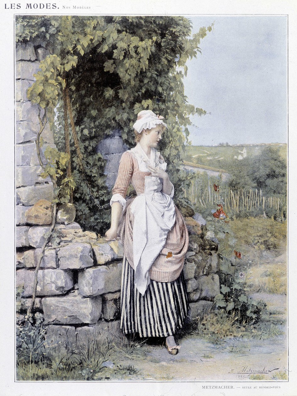 Alleinstehende Frau wartet auf ihr Rendezvous - Illustration von Metzmacher, um 1900 von Emile Pierre Metzmacher
