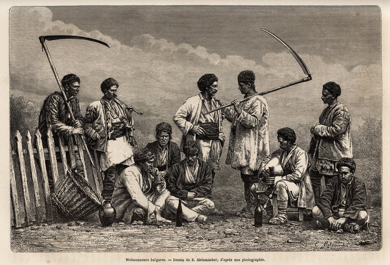 Die bulgarischen Erntearbeiter, während ihrer Pause, mit ihrer Sense und den Gegenständen ihrer täglichen Arbeit: Pfeife, Weinflasche und eine Art Dudelsack, Gravur nach der Zeichnung von E. Metzmacher, zur Illustration der Reise nach Bulgarien, von Guilla von Emile Pierre Metzmacher