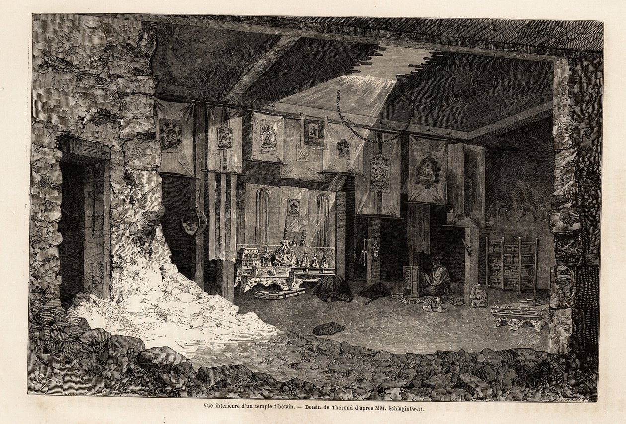 Innere Ansicht eines tibetischen Tempels, Zeichnung von Therond zur Illustration des Rückblicks auf das geographische Jahr 1862 von Vivien de Saint Martin. Gravur in „Le tour du monde“, herausgegeben von Edouard Charton von Emile Theodore Therond