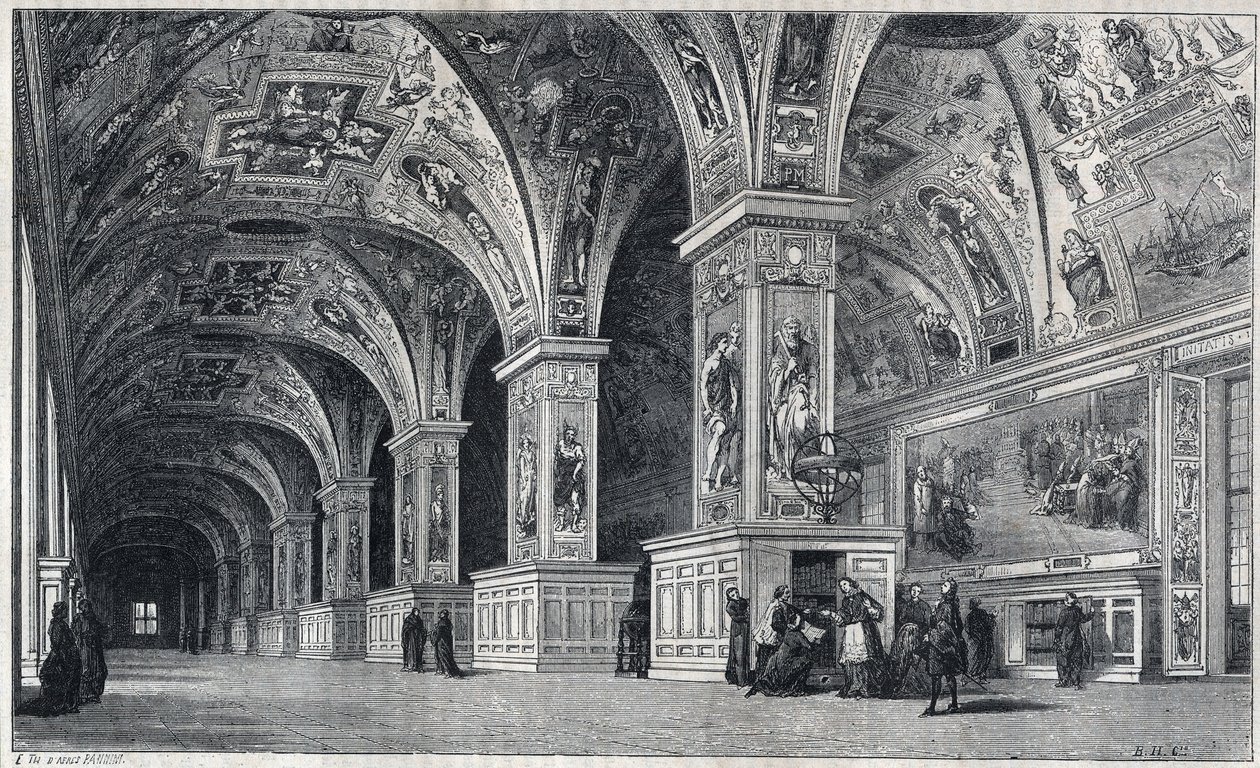 Innere Ansicht der Vatikanbibliothek im 18. Jahrhundert. Gravur von Therond nach einer Zeichnung von François Pannini von Emile Theodore Therond
