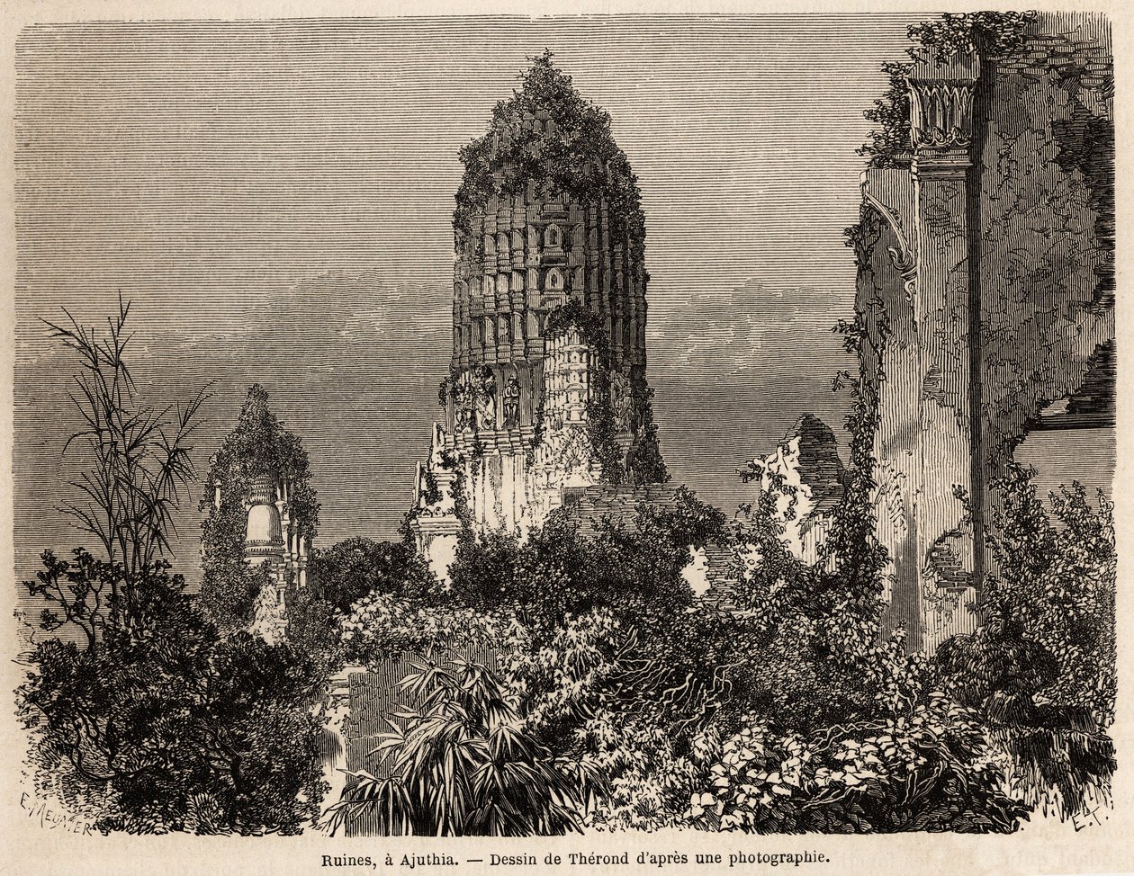 Die Ruinen in der Vegetation des Dschungels in Ajuthia (Thailand). Zeichnung von Therond zur Illustration der Reise durch die Königreiche Siam, Kambodscha und Laos von 1858 bis 1861 von Henri Mouhot. Gravur in „Le tour du monde“, herausgegeben von Edouard  von Emile Theodore Therond