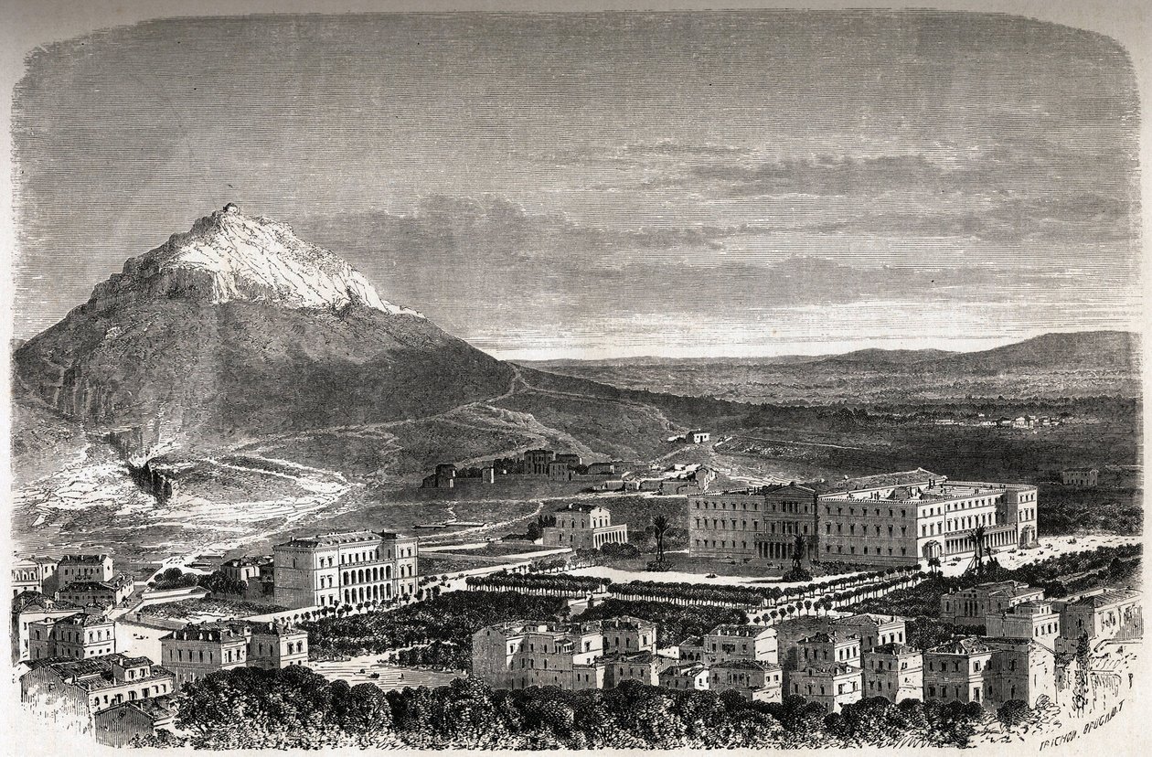 Ansicht von Athen, Griechenland, Zeichnung von Therond, zur Illustration der Geschichte von M.A.Proust, ein Winter in Athen. von Emile Theodore Therond