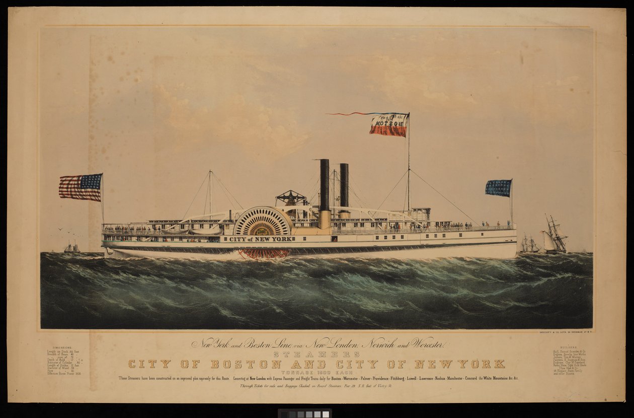 New York und Boston Linie, über New London, Norwich und Worcester Dampfer City of Boston und City of New York von Endicott Endicott