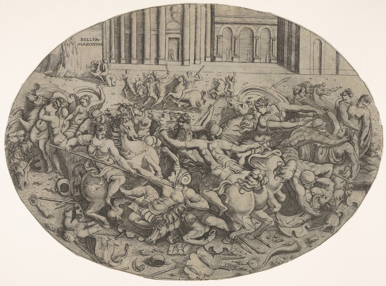 Kampf zwischen Amazonen und Männern vor architektonischen Arkaden, eine ovale Komposition (1543) von Enea Vico