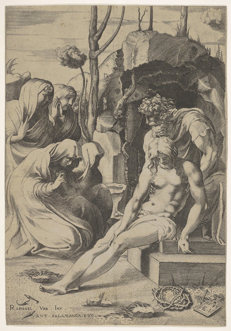 Begräbnis Christi, dessen Brust von Joseph von Arimathäa ergriffen wird, mit zwei knienden Figuren, 1543 von Enea Vico
